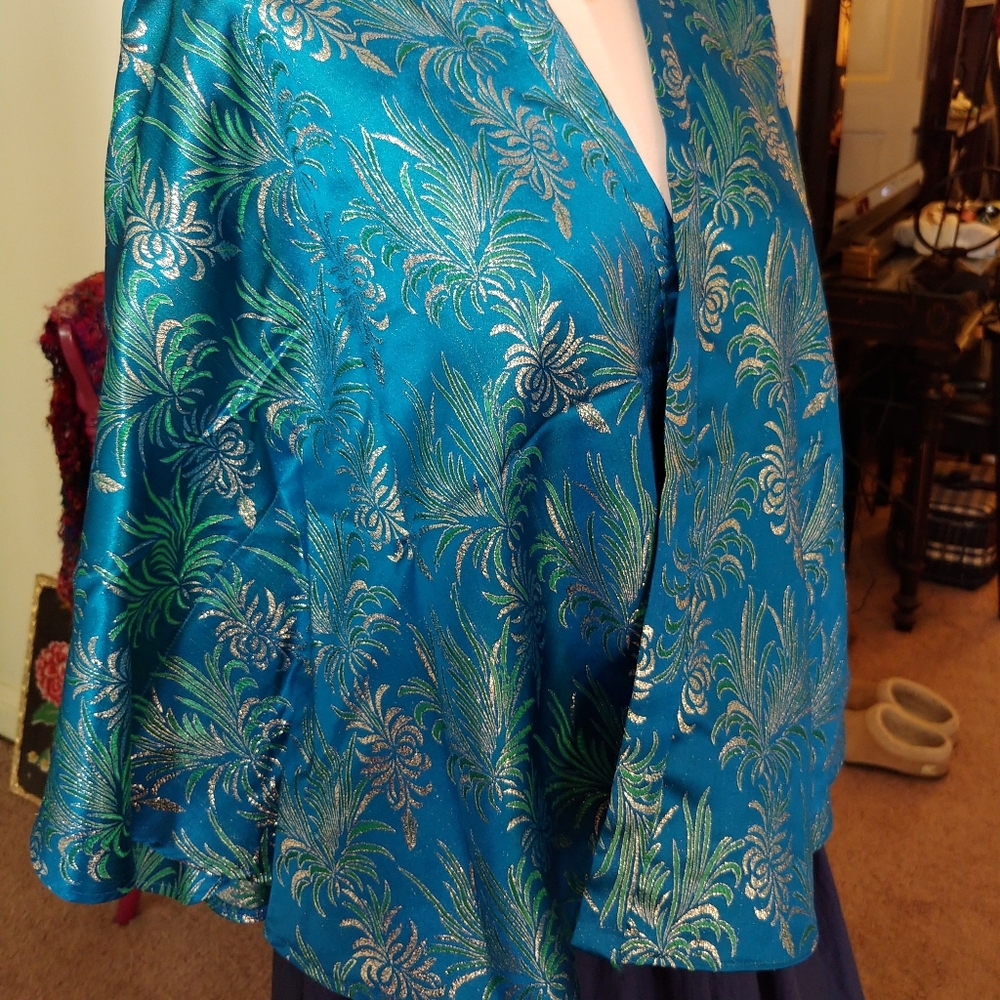 Blue Patterned Jacket Wrap Silver Sparkly Batwing - image 2